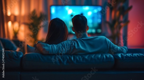 Rearview of a marriage couple sitting in a living room, on a leather sofa or couch, relaxing and watching TV screen program at night or in the evening. Leisure entertainment for husband and wife