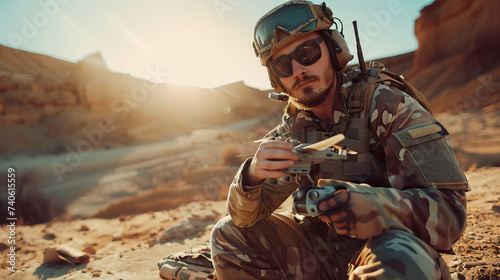 Natural candid shot of drone pilot soldier with drone wearing military army clothes. Isolated against mountain background, sunny, bright, blue sky