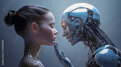 Un robot con inteligencia artificial observando a otro mas avanzado con aspecto mas humano aún desconectado.