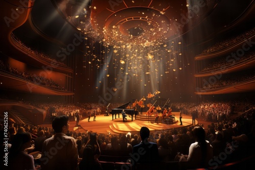 Set the scene for a symphonic journey with a concert hall background, featuring tiered seating, state-of-the-art acoustics, Generative AI 