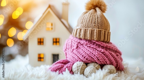 Cozy small house with knitted hat and scarf, featuring ample space for text placement