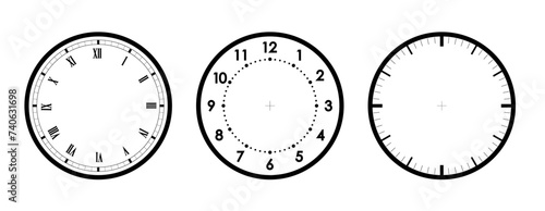 Clocks face with black frame and hands. PNG Simple classic wall clock with Arabic numbers, with Roman numeral and without numbers isolated.