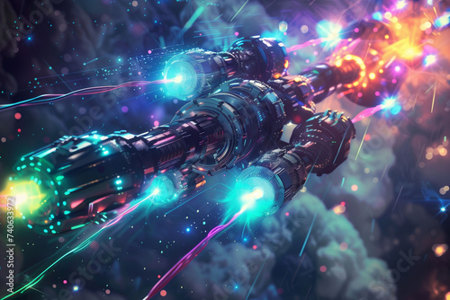 A futuristic space cannon firing vibrant laser beams surrounded by a cosmic array of particles and nebulous clouds