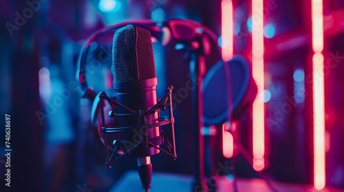 Empty podcast studio interior with no people inside. Media broadcasting and communication room with equipment, neon lighting. Closeup black microphone for sound or audio device