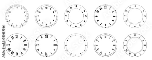 Mechanical clock face template. Circles of clock faces for time. Blank outline of watch. PNG