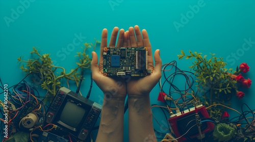 Hands holding electronic waste cables recyclable materials e-waste recycling technology environmental conservation, Generative Ai