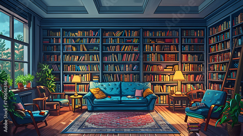 Illustration library room bookshelf literature education knowledge study reading learning interior design, Generative Ai