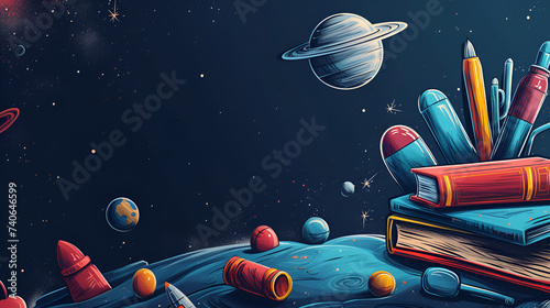 Illustration school supplies books space backpack pencil ruler notebook stationery education learning, Generative Ai
