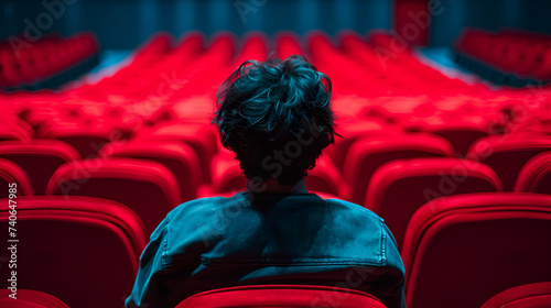 One lonely person in a theater on red seat watching movie alone, Generative Ai