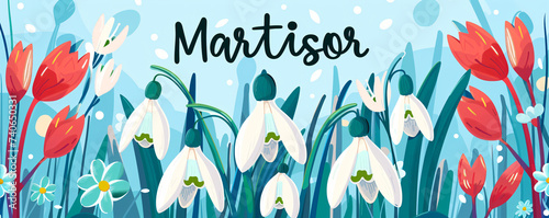 Martisor celebrating postcard with lettering and snowdrops flower. Baba Marta holiday concept. Martenitsa. Moldovan Romanian and Bulgarian symbol for spring beginning