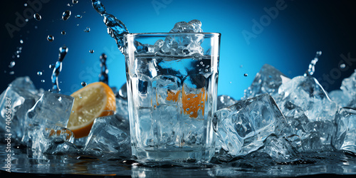 Refreshing Pour: Sparkling Water Over Ice. Pouring sparkling water over ice cubes. Pouring Sparkling Water onto Ice