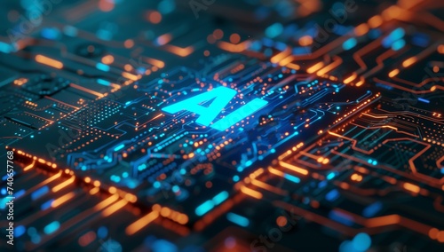 AI Artificial Intelligence technology chipset computer on a chip board with light connectione and glowing effect