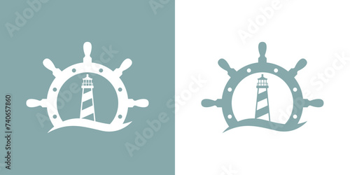 Logo Nautical. Icono de torre marítima en puerto. Silueta de timón de barco con faro de luz con olas de mar
