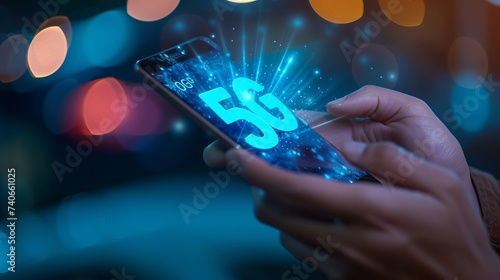 Interactive holographic 5g text icon over mobile phone with copy space for text placement