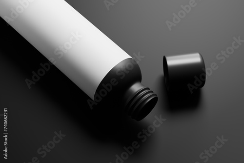 cosmetic bottle packaging mockup set featuring a tall, slim, black color plastic bottle with a screw cap.