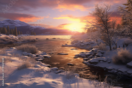 Winter river in snow forest landscape at sunset