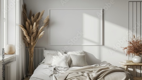 Blank photo square frame mockup on white wall above the bed with white clean pillows in the bedroom.