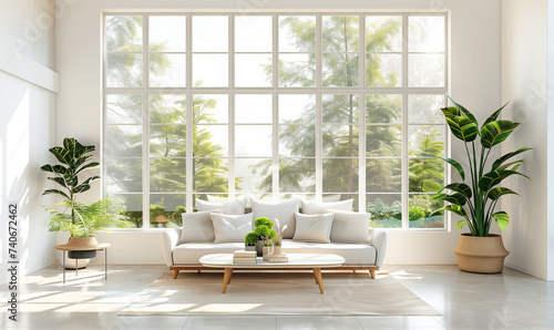 jasne nowoczesne wnętrze salonu w minimalistycznym stylu, duże okna i delikatne światło, rośliny w doniczkach