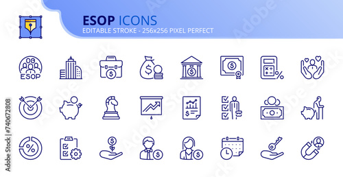 Simple set of outline icons about ESOP employee stock ownership plan