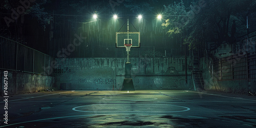 An empty basketball court at night, A basketball court with the word basketball on the bottom.