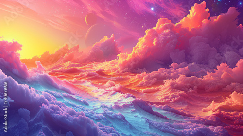Vibrant, surrealistic, and colorful landscapes with psychedelic effects. 