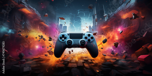 Video game controller in ruins with flames background