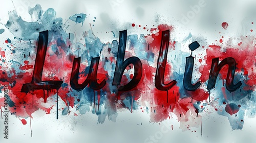 Inscription Lublin with red and blue splashes on a white background. Vector illustration