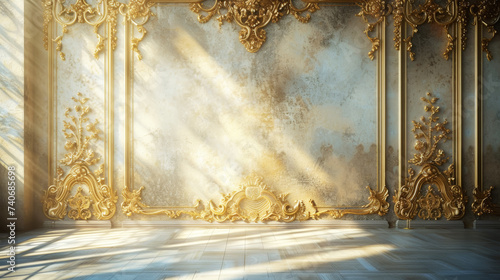 Classic luxury interior wall with mouldings, golden decoration details, faded floral baroque. Copy space. Generative AI