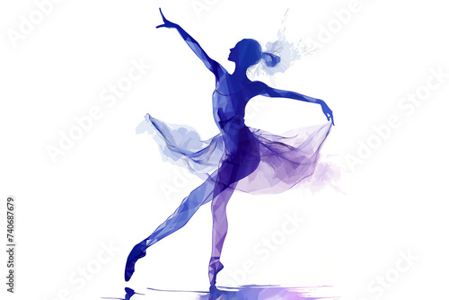 Purple silhouette of a female ballerina dancer who is dancing to show of her ballet technique skill at dance performance, stock illustration image