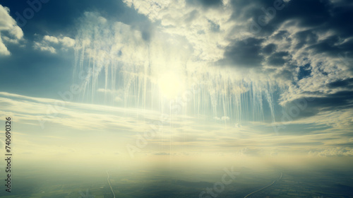 aerial view of blue sky and vertical clouds or chemtrails