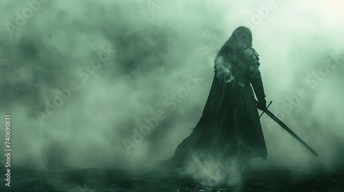 medieval knight standing in the foggy mist woods