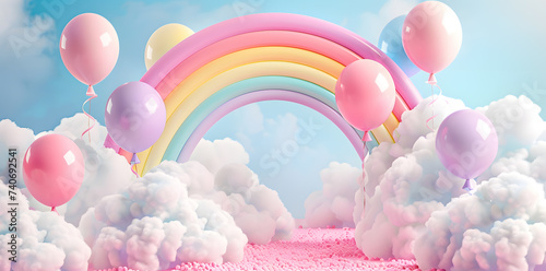 3D Colorful background with rainbow clouds and Birthday balloons arc podium