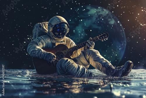 Astronaut playing guitar at ocean's edge, surrounded by stars and galaxies. Futuristic psychedelic style, science fiction freedom.