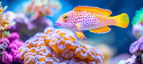 Colorful hawkfish swimming amidst vibrant corals in saltwater aquarium environment