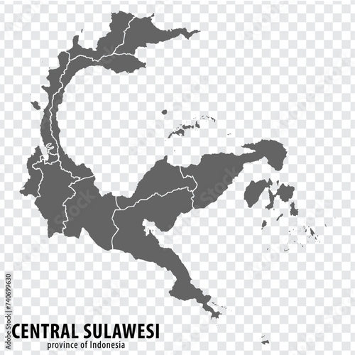 Blank map Central Sulawesi province of Indonesia. High quality map Central Sulawesi with municipalities on transparent background for your web site design, logo, app, UI. Republic of Indonesia. EPS10