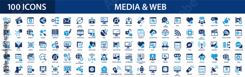 Media and web flat icons set. Website, content, link, hosting, e-commerce, message, social media icons and more signs. Flat icon collection.