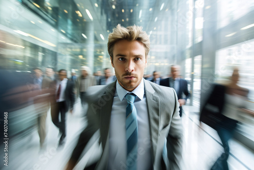 Portrait of businessman at rush hour walking through the office corridor or train station terminal.