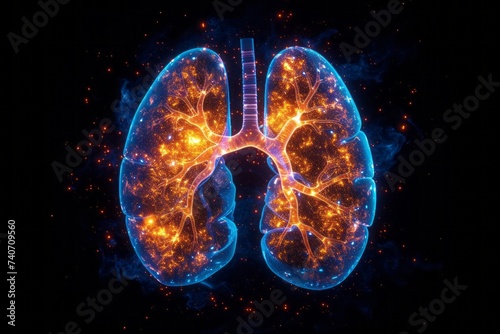 Lung health, concept. Virtual glowing lungs on black background