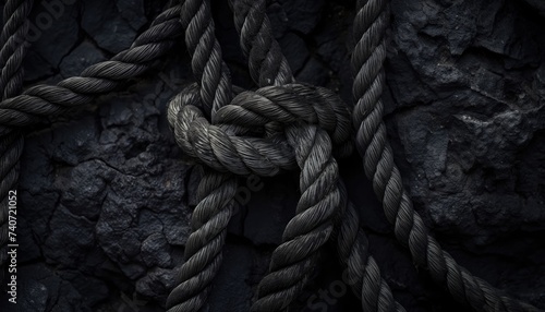 Black background. Rope knot on the black coal background. Close-up.