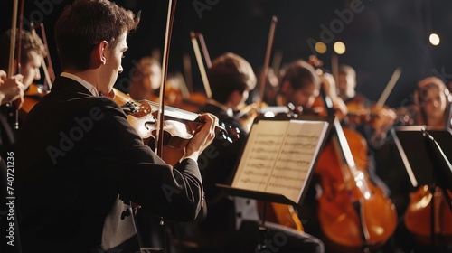 Professional symphonic orchestra performing on stage and playing a classical music concert