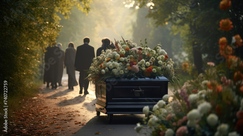 Funeral procession to the cemetery with a coffin and a handful of flowers