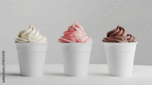Strawberry frozen yogurt or soft ice cream, vanilla and chocolate frozen yogurt or soft ice cream in blank paper cup packaging template mockup collection with isolated background