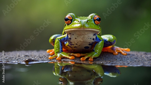 A vibrant green frog gracefully perches on a rugged rock, embodying the spirited leap of a true amphibian on this february day in the wild outdoors