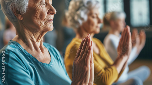 Older women practice yoga, meditate in yoga classes and lead an active and healthy lifestyle. Retirement hobbies and leisure activities for the elderly. Bokeh in the background. AI generated.