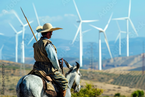 Donquijote mit Lanze auf einem Esel bereit zum Kampf gegen Windkraftanlagen