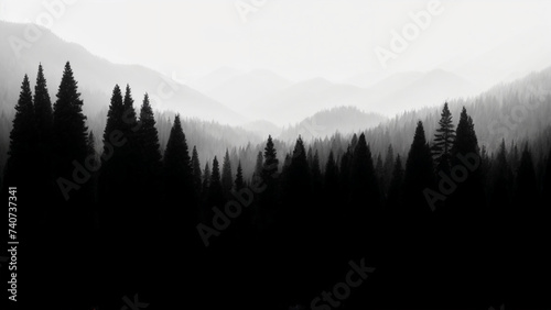 A black and white photo of trees in the mountains 