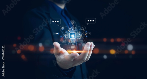 Ai technology, businessman show virtual graphic Global Internet connect Chat with AI, Artificial Intelligence. using command prompt for generates something, Futuristic technology transformation.
