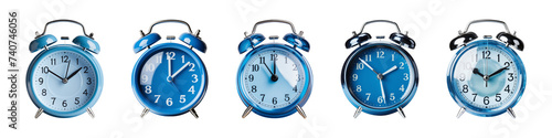 Collection of blue alarm clock isolated on a transparent background, PNG