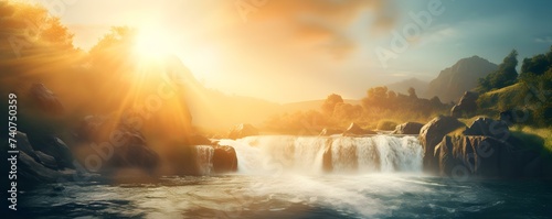 Scenic landscape with majestic waterfall under a bright suns golden rays. Concept Nature Photography, Waterfall Scenery, Sunny Landscape, Majestic Sunlight, Cascading Waters