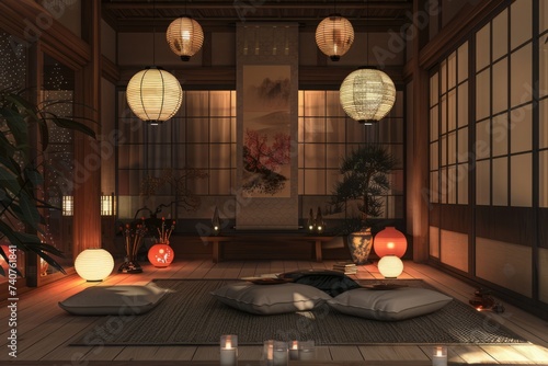 warm and cozy living room with tatami floor, paper lanterns hanging above, and scroll artwork, soft ambient lightning